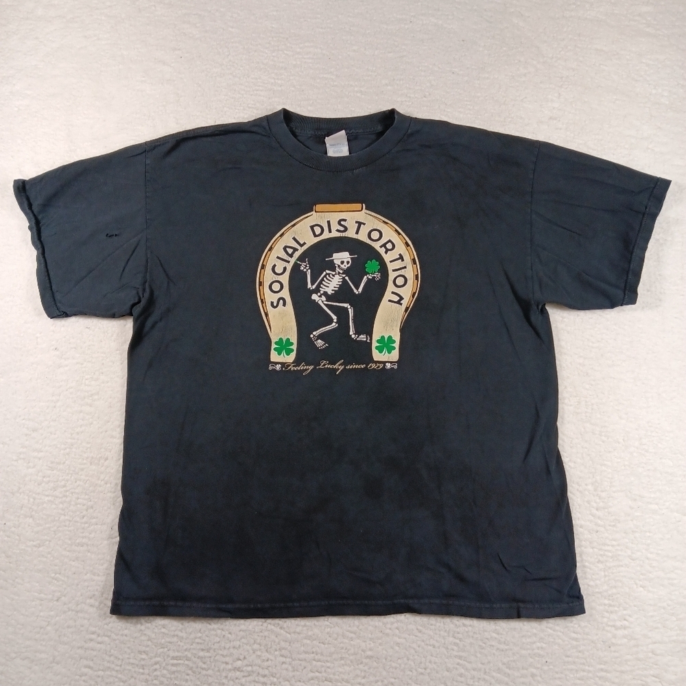Vintage Social Distortion Shirt Mens 2XL Black Punk Skeleton Clover Thrashed